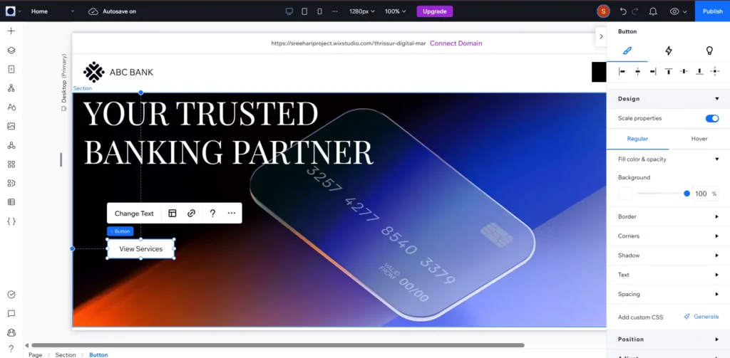 Screen capture of the Wix Studio drag-and-drop editor interface showing the visual canvas and design panel.