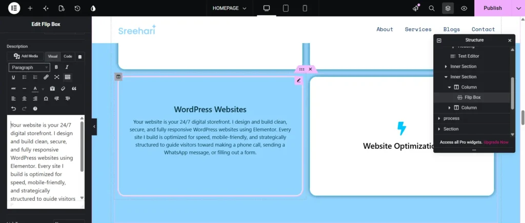 Screen capture of the WordPress backend showing the Elementor page builder interface and structure panel.