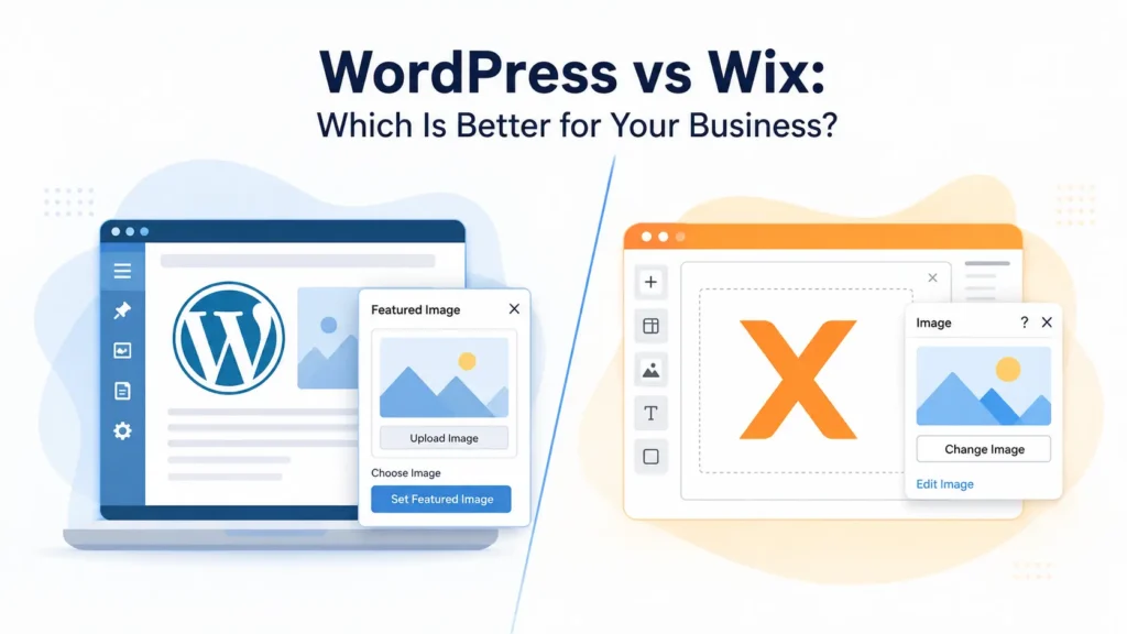 Comparison banner image showing WordPress vs Wix for business websites, featuring platform logos.