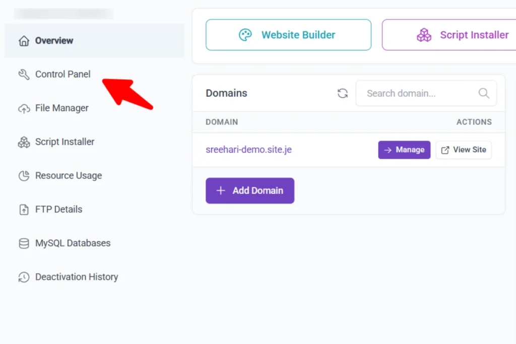 InfinityFree client dashboard highlighting the Control Panel link in the navigation menu