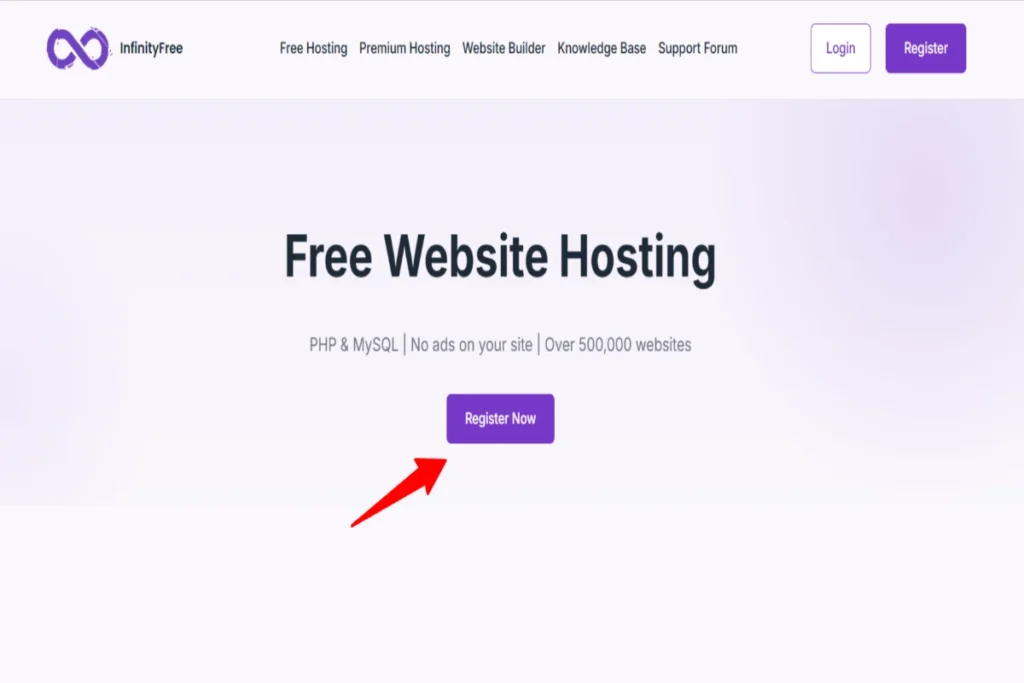 InfinityFree homepage with a red arrow pointing to the Register Now button for free account sign up