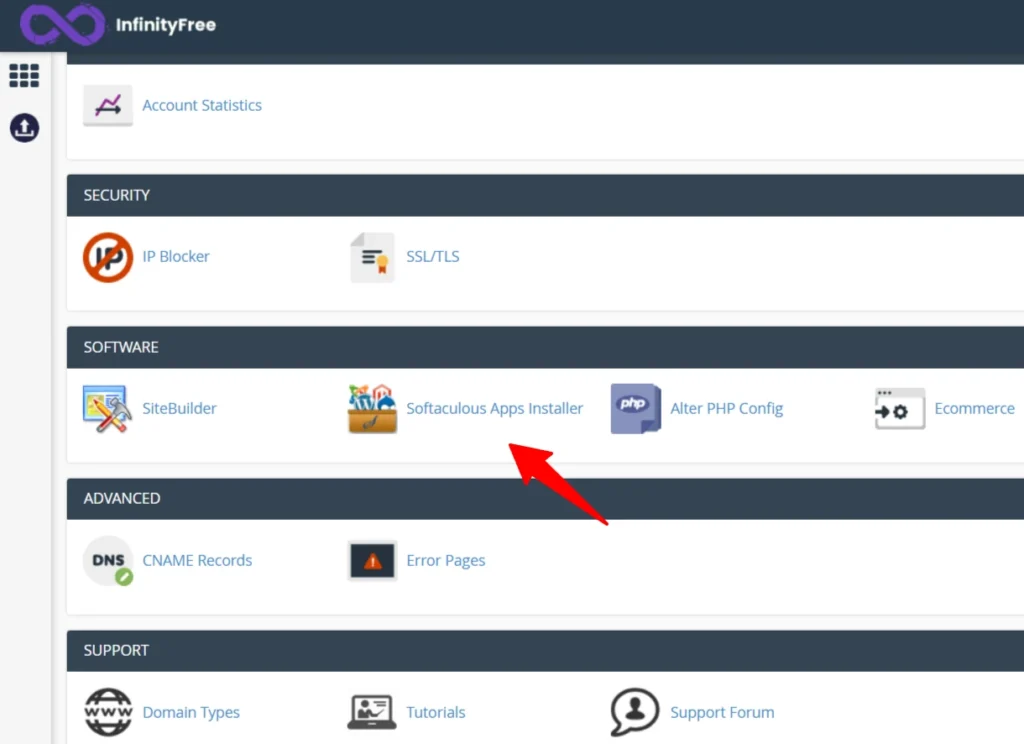 InfinityFree control panel showing the Softaculous Apps Installer icon under the Software section