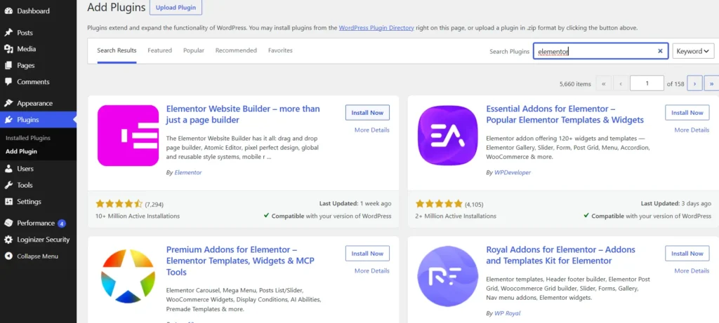 WordPress plugin directory search results showing Elementor Website Builder with Install Now button