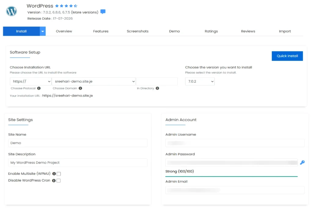 Softaculous WordPress software setup screen showing protocol, domain, site name, and admin account fields