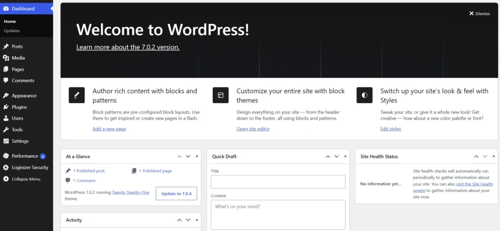 Freshly installed WordPress admin dashboard welcome screen