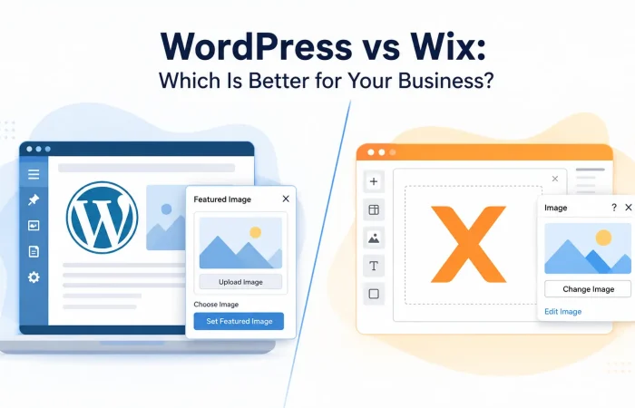 Comparison banner image showing WordPress vs Wix for business websites, featuring platform logos.